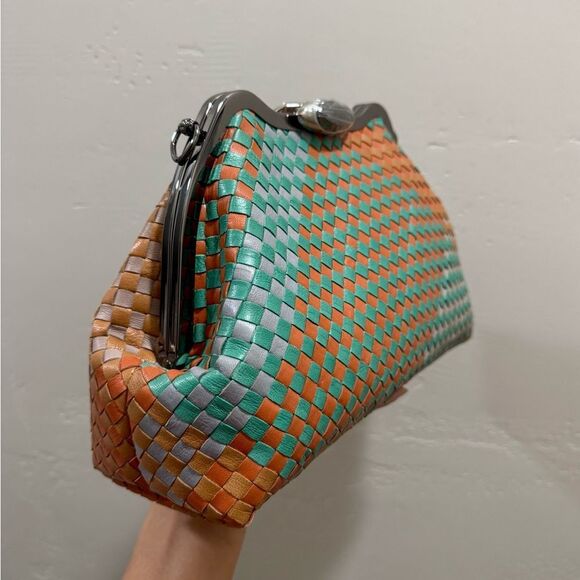 Colorblock Woven Cowhide Handmade Custom Metal Frame Handbag, Multi Use Style - Picture 12 of 16